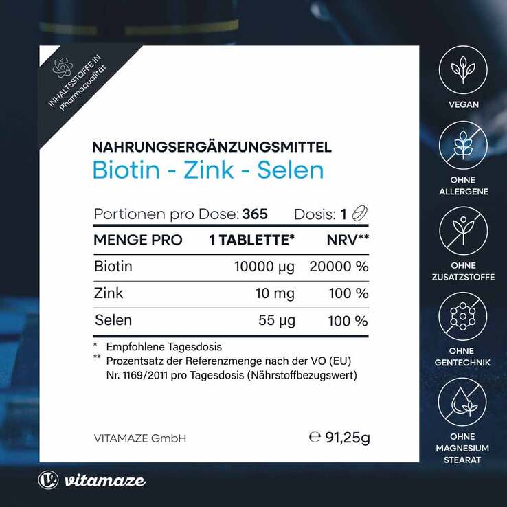 Biotin 10 mg hochdosiert + Zink + Selen Tabletten, 365 St