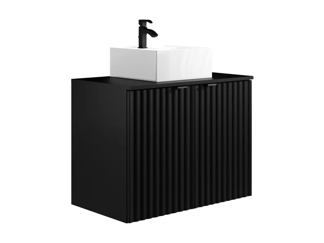 Meuble de salle de bain suspendu strié avec vasque à poser - Noir - L80 cm - ZILGA