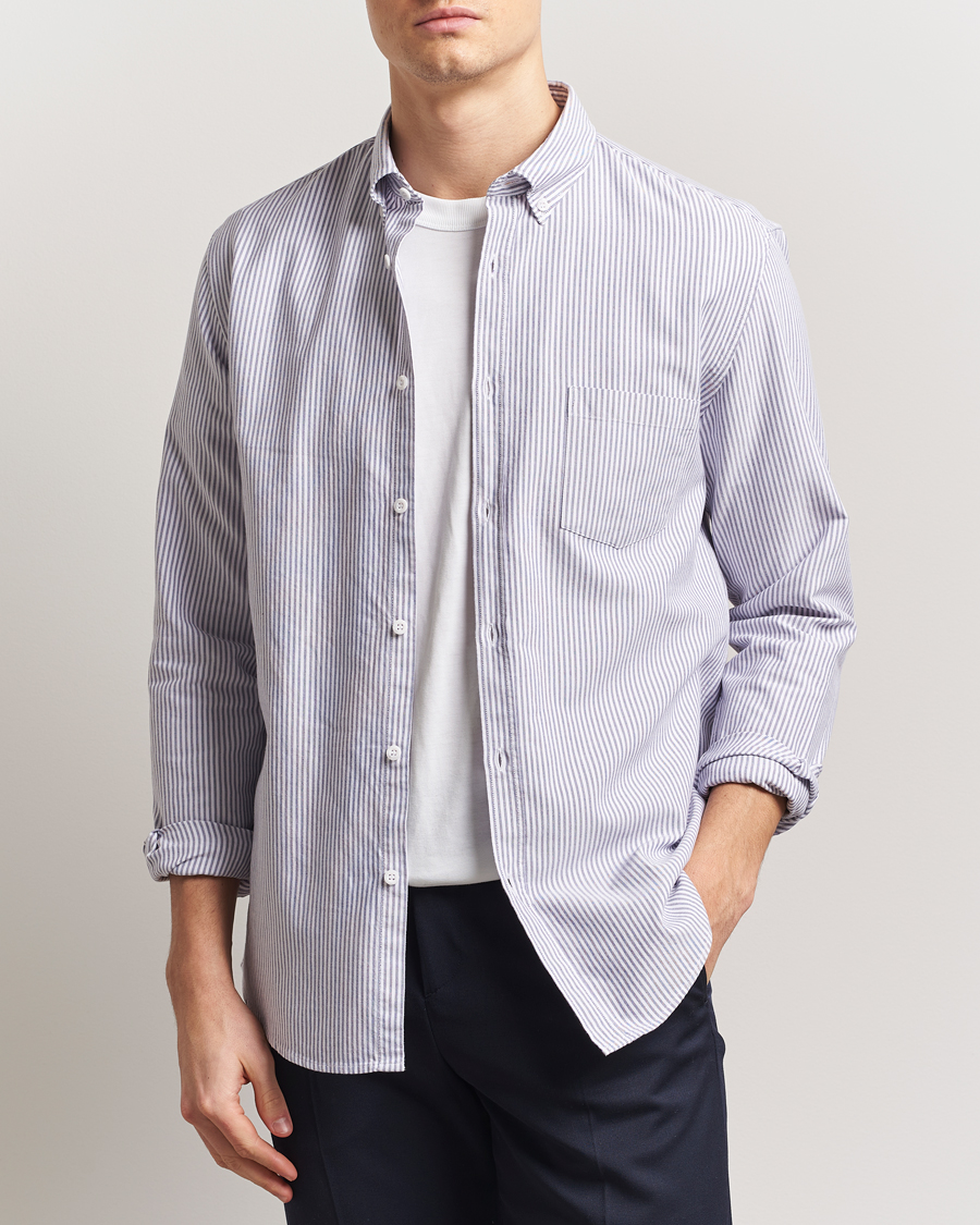 Sunspel Striped Oxford Button Down Shirt White/Navy
