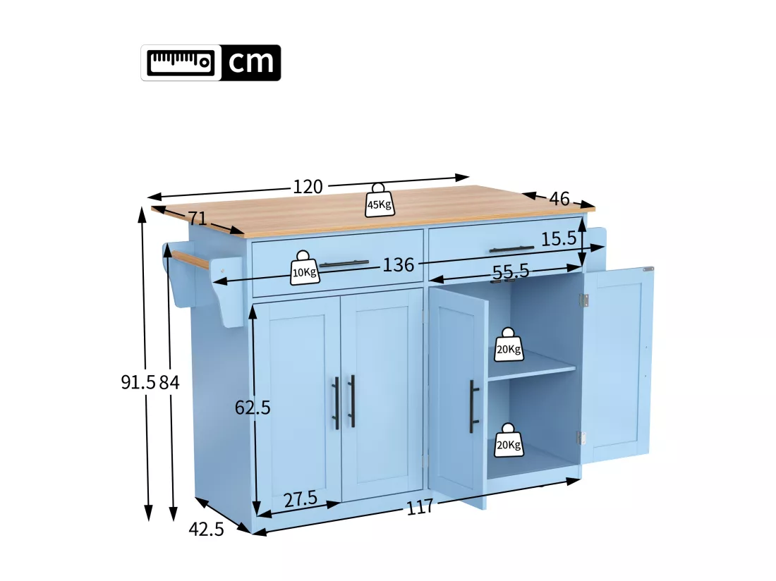 Ilot central de cuisine - 2 tiroirs et 4 compartiments - pieds en roulettes ou en bois - Bleu