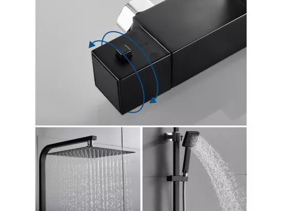 Colonne de Douche Noir avec Mitigeur Thermostatique 2 Fonctions Ensemble de Douche avec Douchette de tête de 10 pouces Haute Réglable 80-120 cm