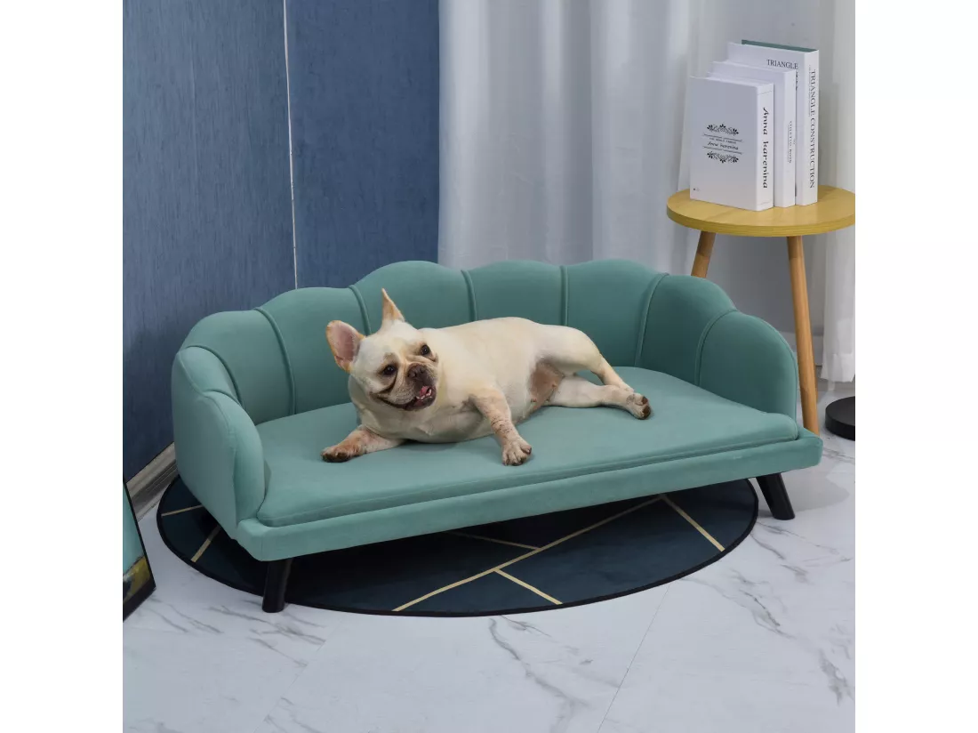 Canapé chien lit pour chien chat design contemporain coquillage dim. 98L x 60l x 35H cm coussin moelleux velours vert