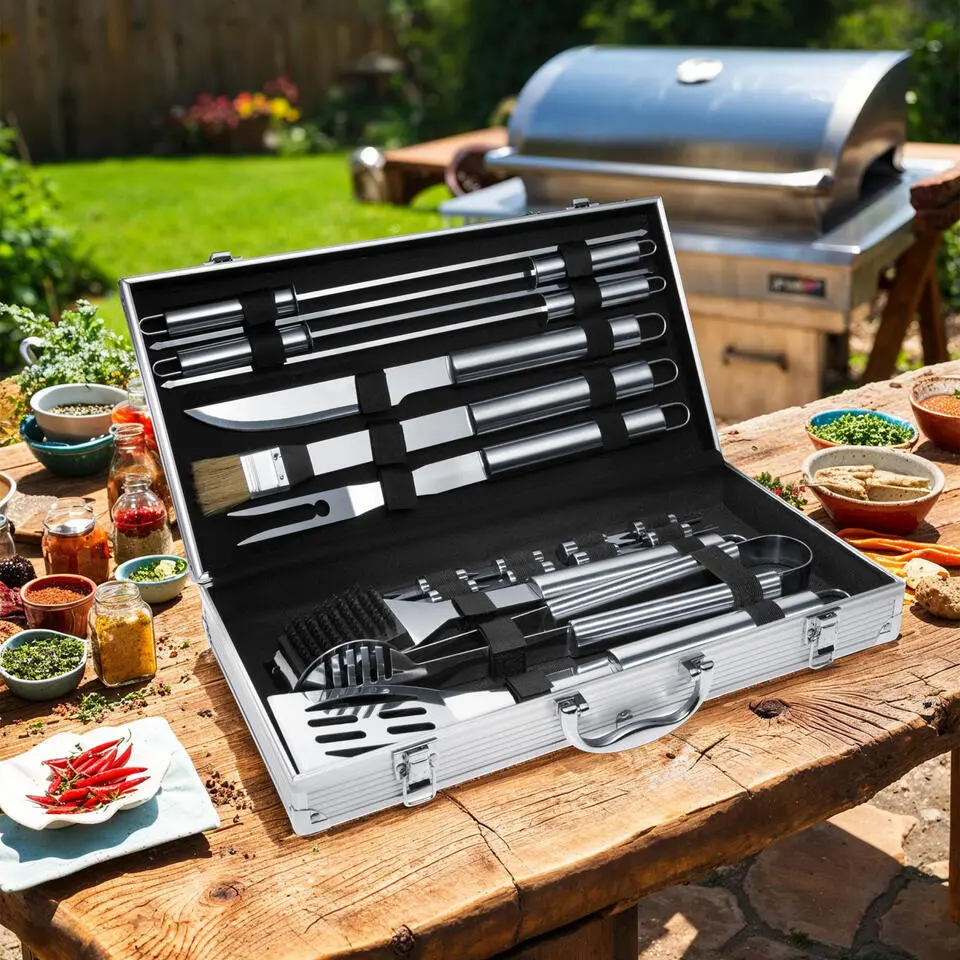 tectake Barbecue bestek van roestvrij staal 18-delig, Grijs