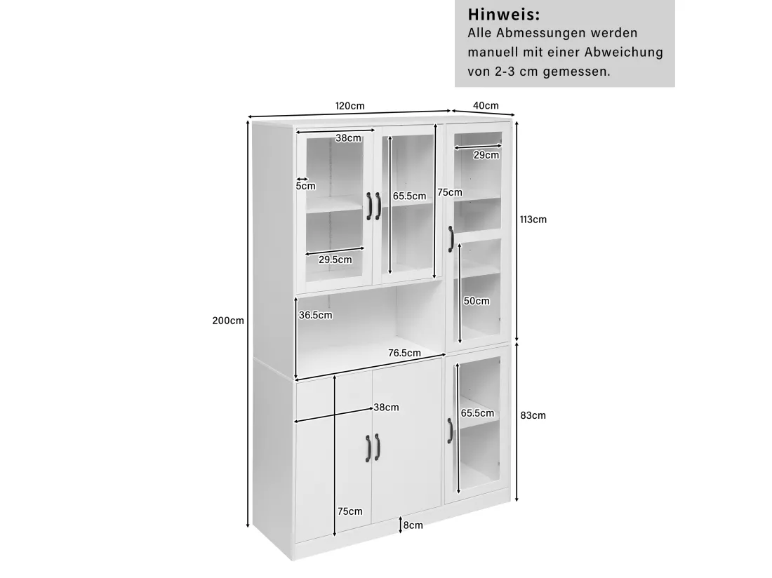 Vitrine Buffet haut 6 portes et 1 compartiment - LEDs - Bois en MDF - Blanc - 120 x 40 x 200 cm