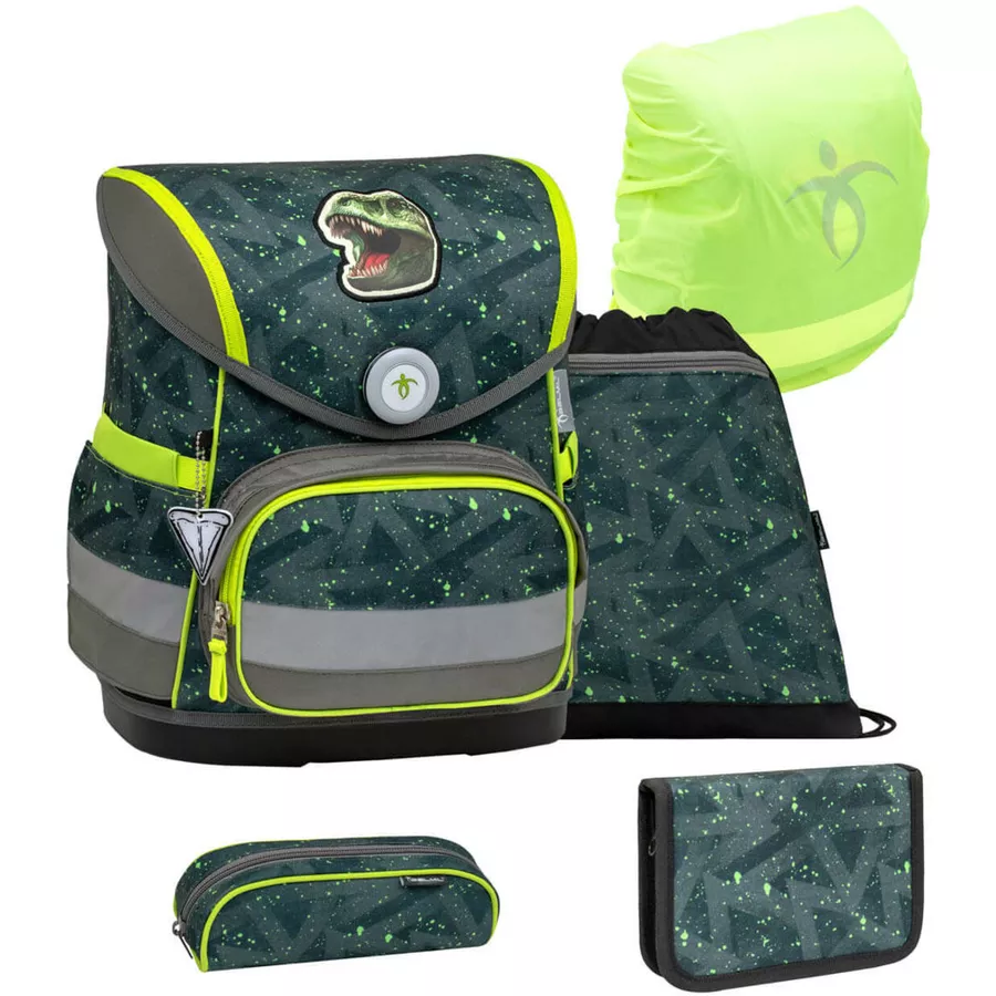 Belmil Schulranzen Compact Schulranzen Set 5-teilig mit Brustgurt T-rex Roar