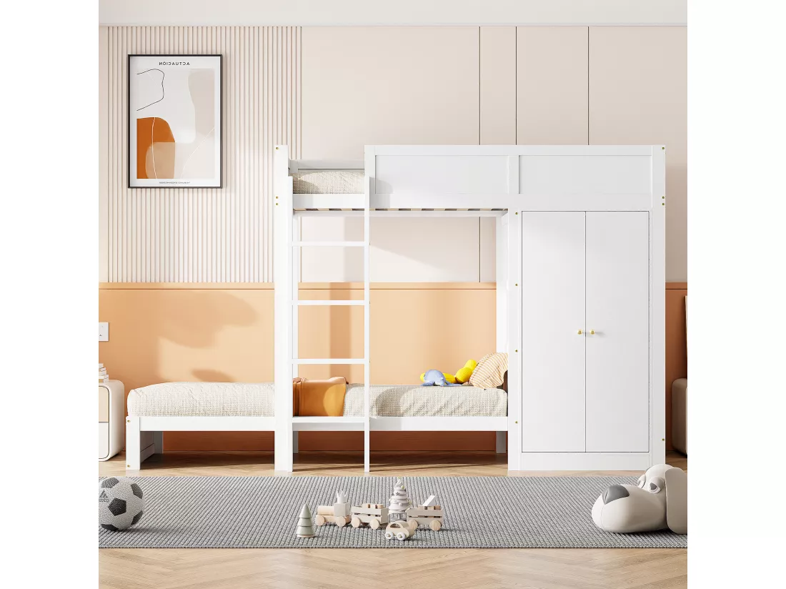 Lit superposé 90x200cm - avec escalier et armoire - 2 sommiers à lattes - Blanc