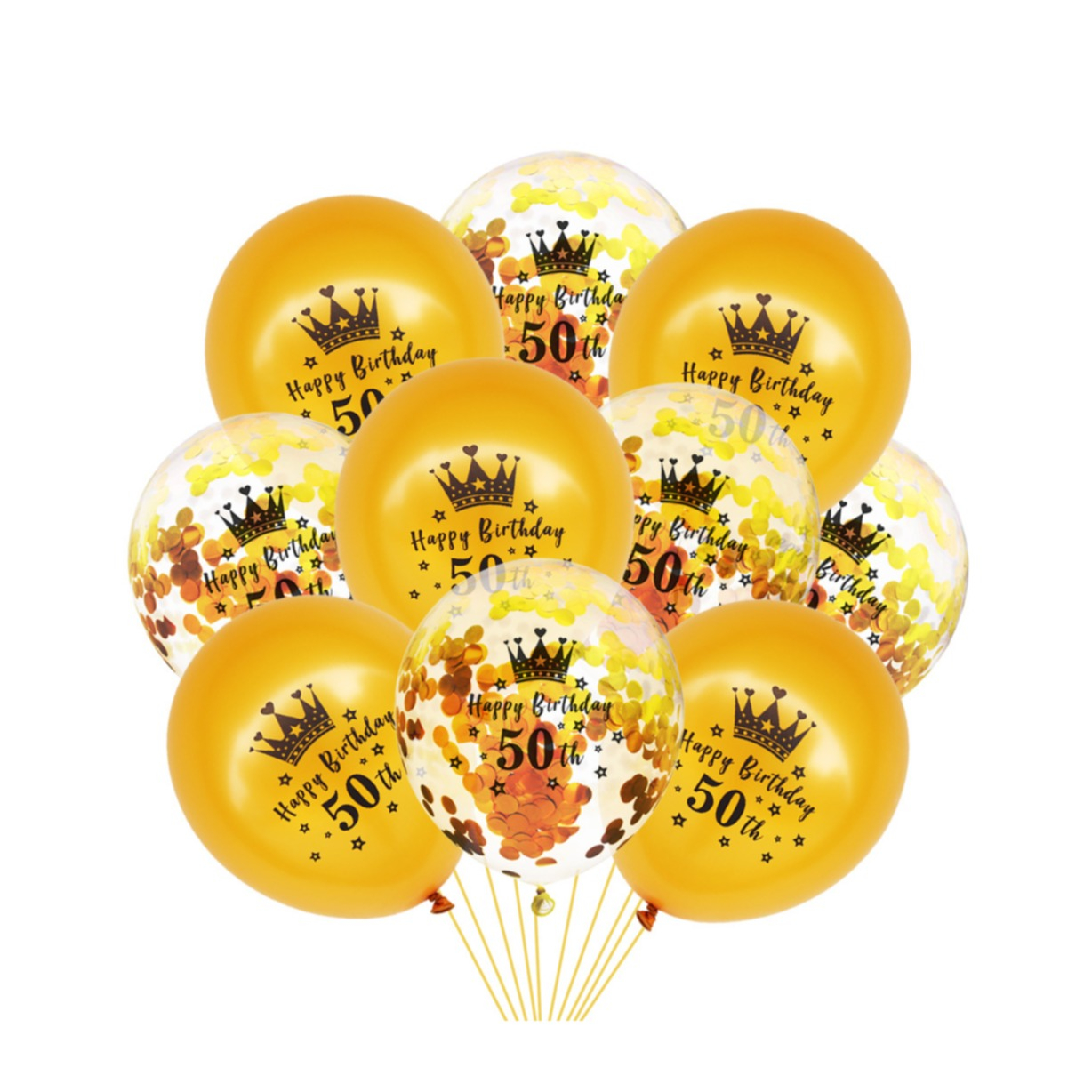 (10er Set) Ø30cm Geburtstags Party Deko Ballons Latex Luftballons 50 Happy Birthday mit Krone   Konfetti - Gold
