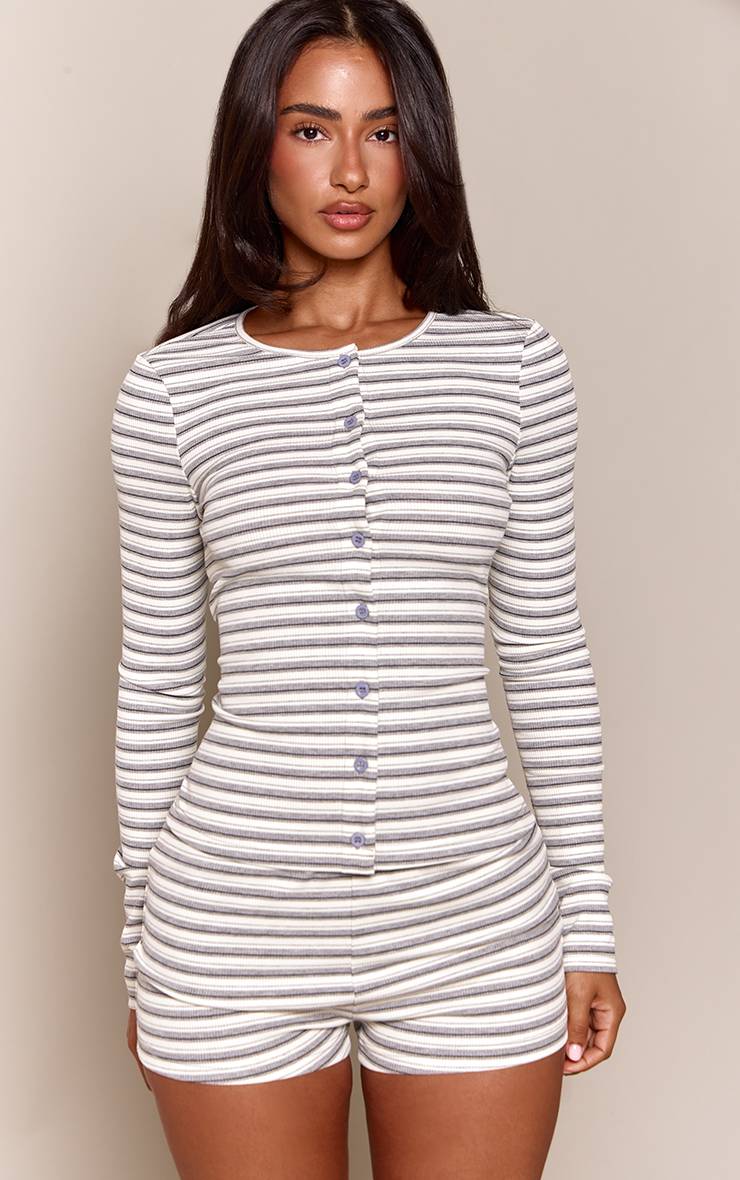 Gris Ensemble Coordonné Cardigan Court Côtelé À Rayures Charbon Avec Boutons Petite