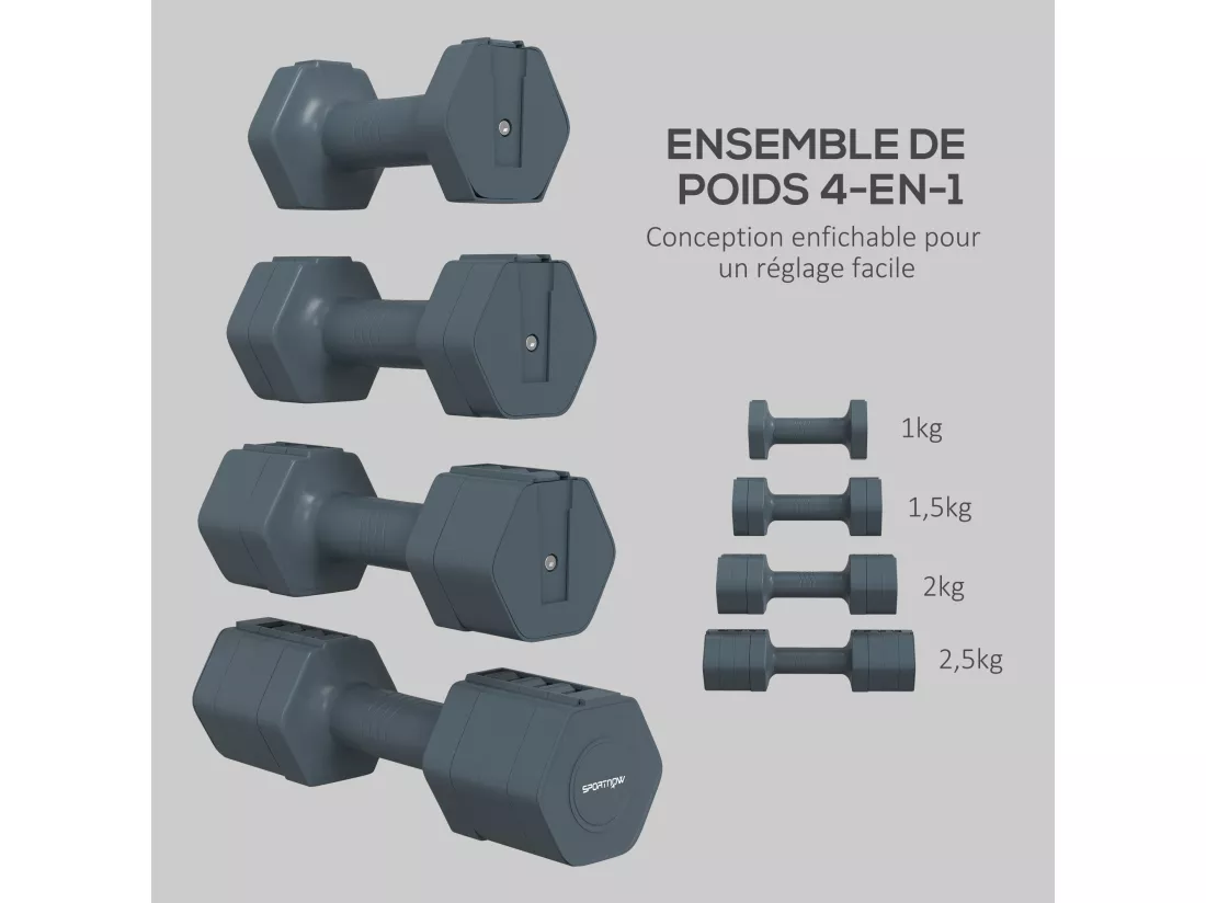 Lot de 2 haltères réglables hexagonales avec poignée antidérapante pour l'entraînement à domicile, 2 x 2.5kg gris