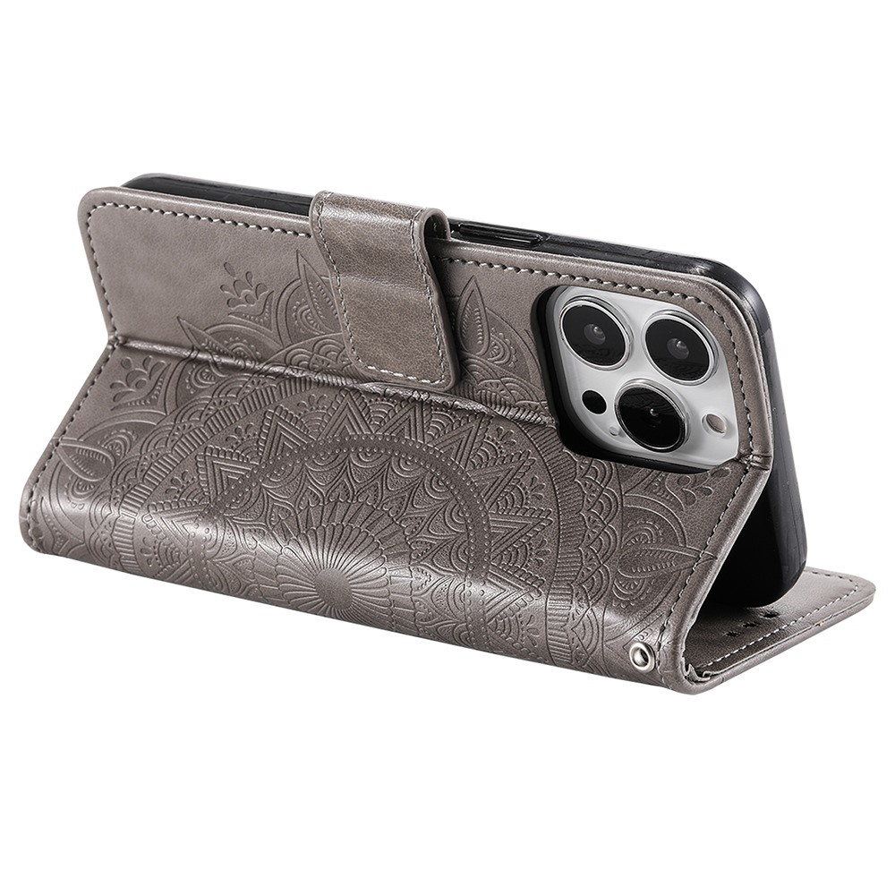 iPhone 14 Pro Leder Tasche Wallet - Mandala Flowers Imprint - Grau