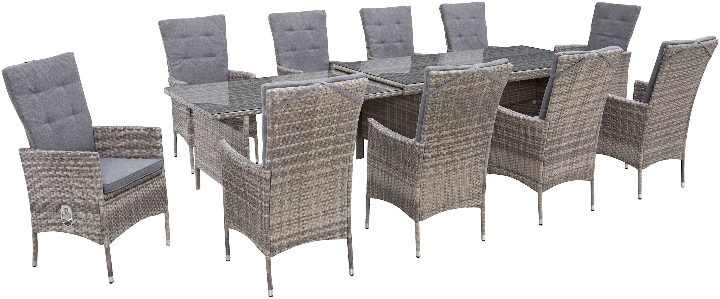 KONIFERA Garten-Essgruppe »Belluno« 10x Sessel, 1x AZ-Tisch 179-300x73/89cm, inkl. Auflagen, Polyrattan, 21 Stk. tlg. 2 der 10 Sessel stufenlos verstellbar, Tischplatte aus Sicherheitsglas