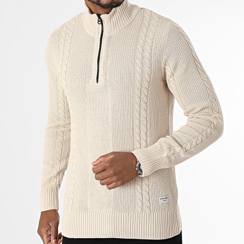 Pull Col Zippé Grid Cable Beige