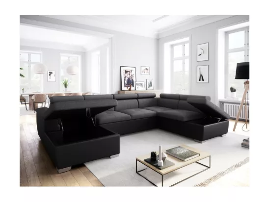 Canapé d'Angle Panoramique 6 Places Paola Convertible en Simili et Tissu Avec Coffres - Gris/Noir - L322 x P196 x H76cm - Loungitude