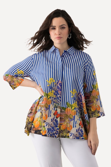Bluse, Streifen, Hemdkragen, Oversized, 3/4-Arm