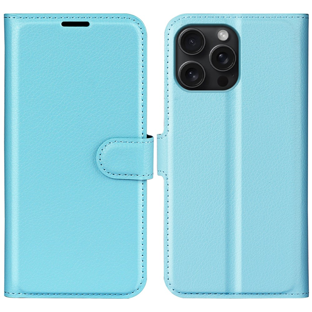 iPhone 16 Pro Max Leder Tasche Flip Cover Litchi Look - Blau