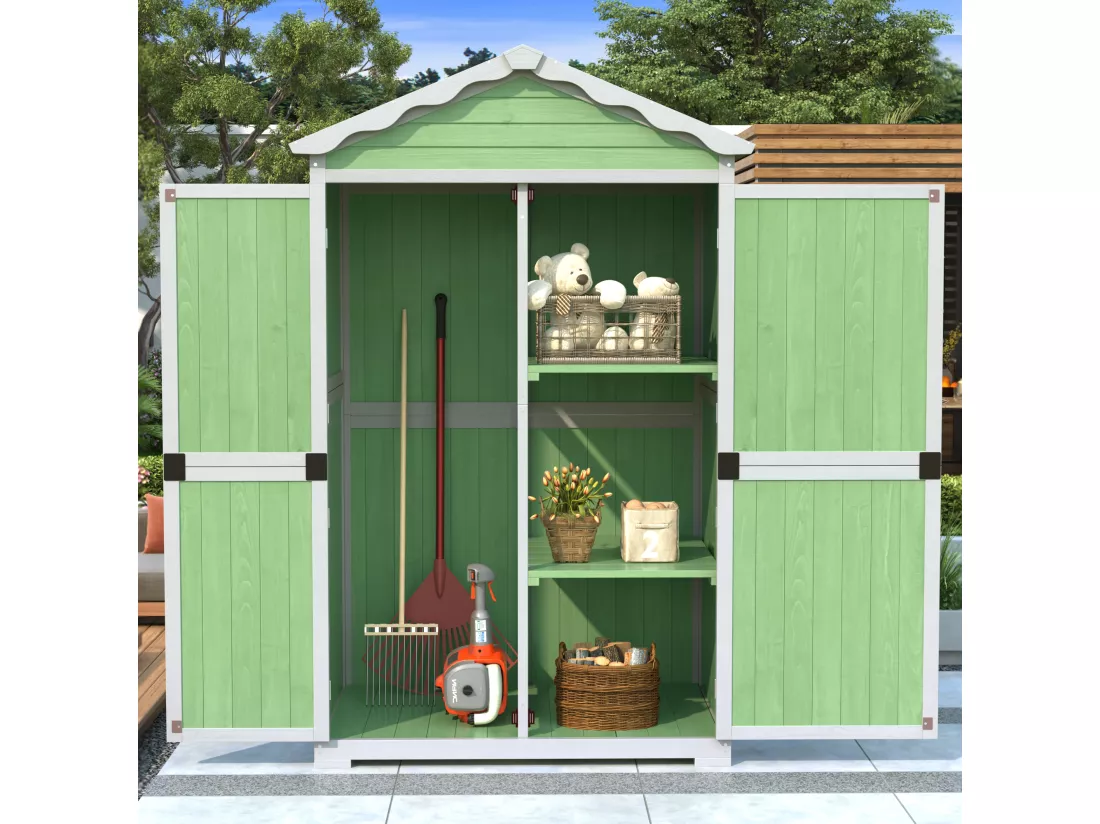 Abri de jardin en bois massif avec toit pente résistant aux intempéries - 2 portes 3 étagères - 93 x 45 x 179 cm - Gris