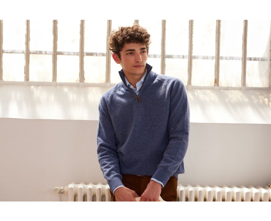 Pull homme laine col zippé Bleu Foncé Chiné - KENNETH
