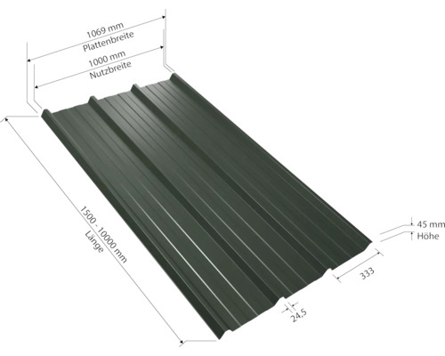 PRECIT trapezium dakplaat W45LR, dennengroen RAL 6020, vaste breedte 1075 mm x dikte 0,5 mm (verkocht per meter van 150 tot max. 900 cm)