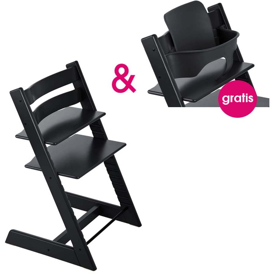 STOKKE® Tripp Trapp® Hochstuhl Buche schwarz + gratis Baby Set schwarz