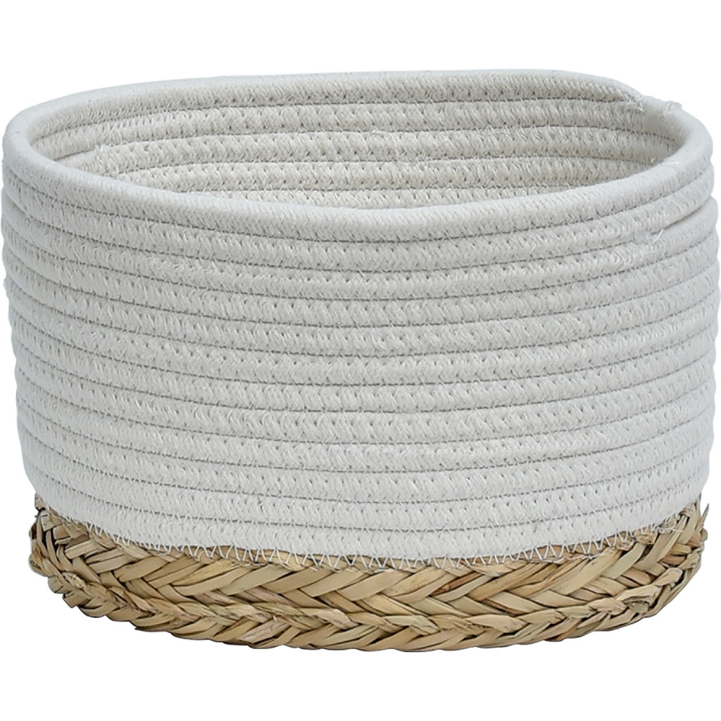 Panier ovale bi-matière roseau tressé et coton blanc 25x16x20cm