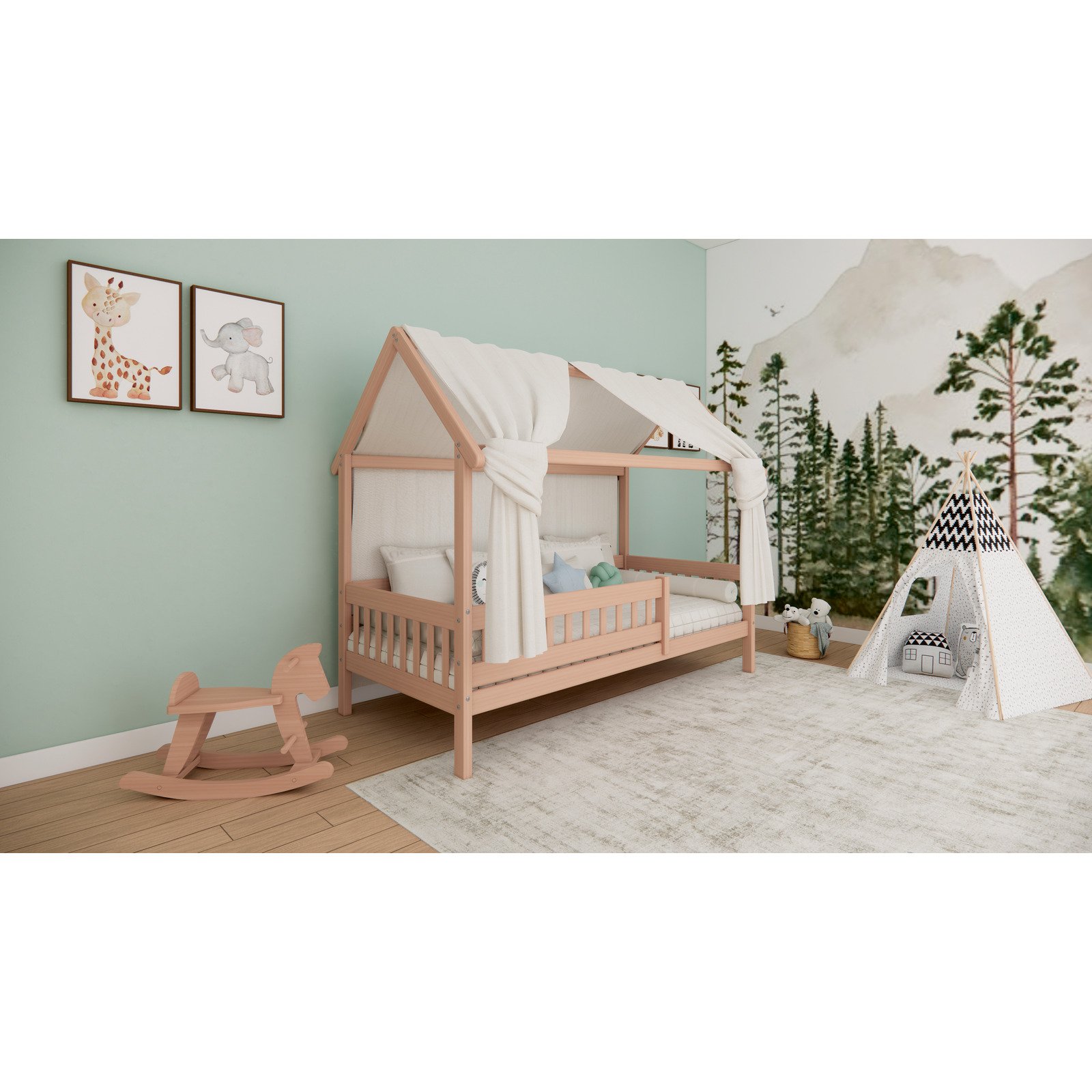 Bett Mila mit Dach Buche massiv 90 x 200 cm Buche natur