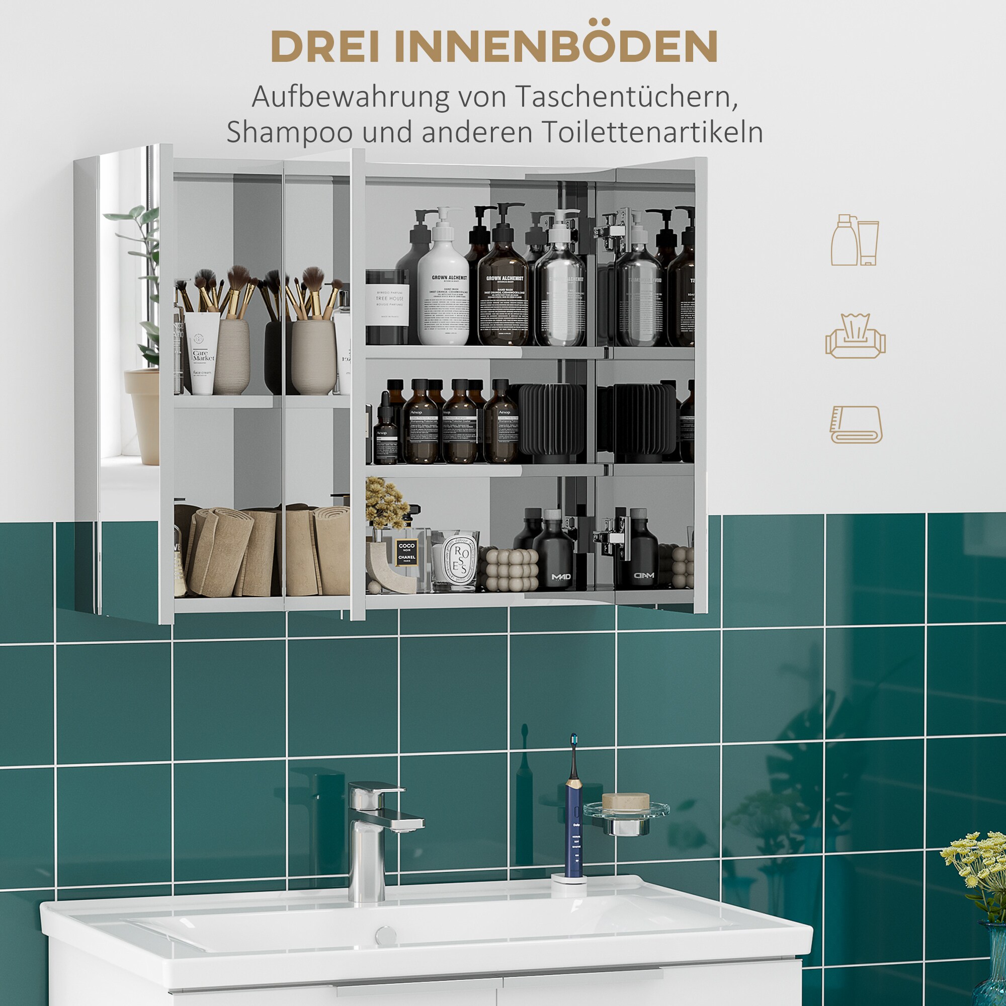 kleankin Spiegelschrank mit drei Türen silber 70L x 12B x 55H cm