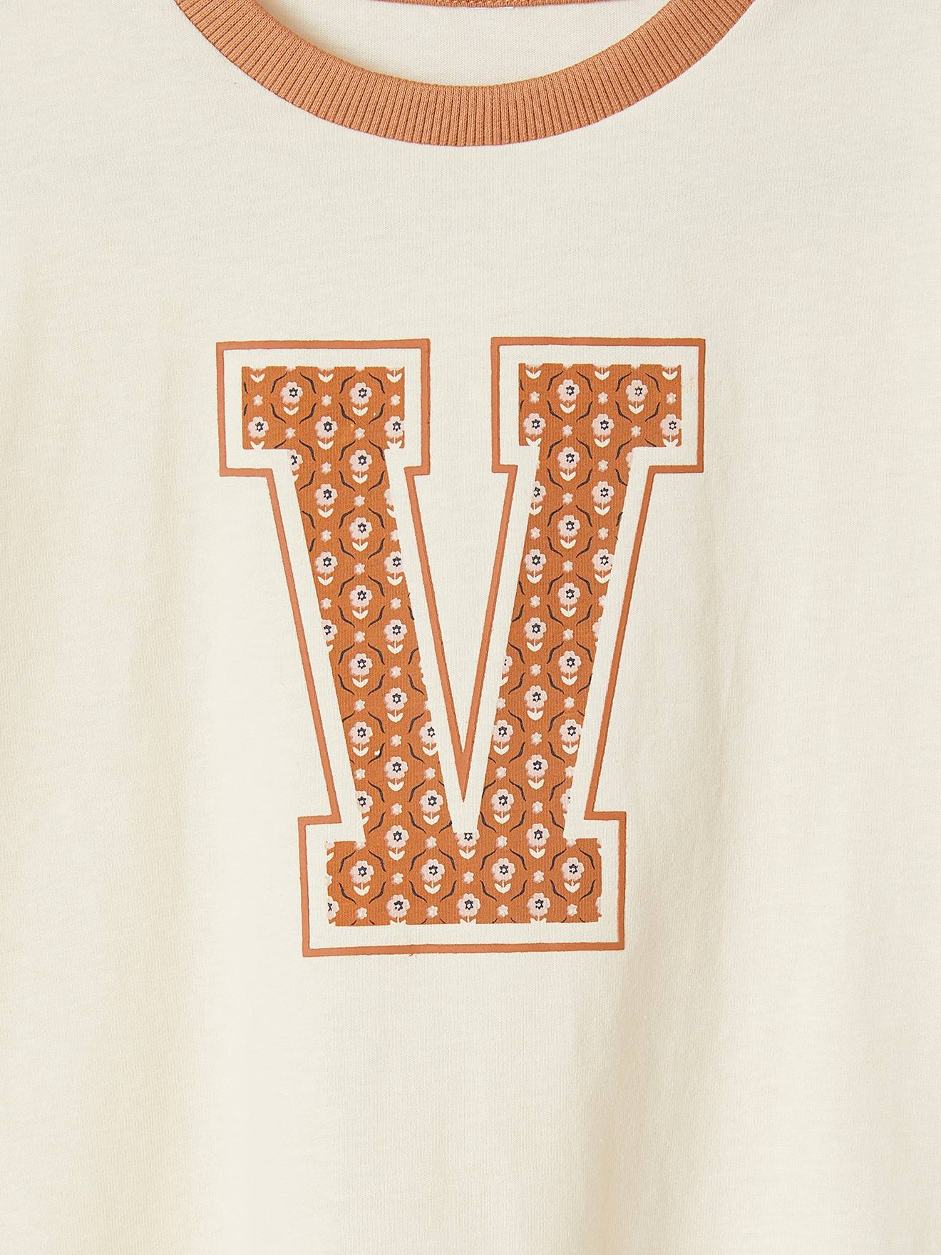 Camiseta de manga comprida cor baunilha com estampa floral de letras para meninas