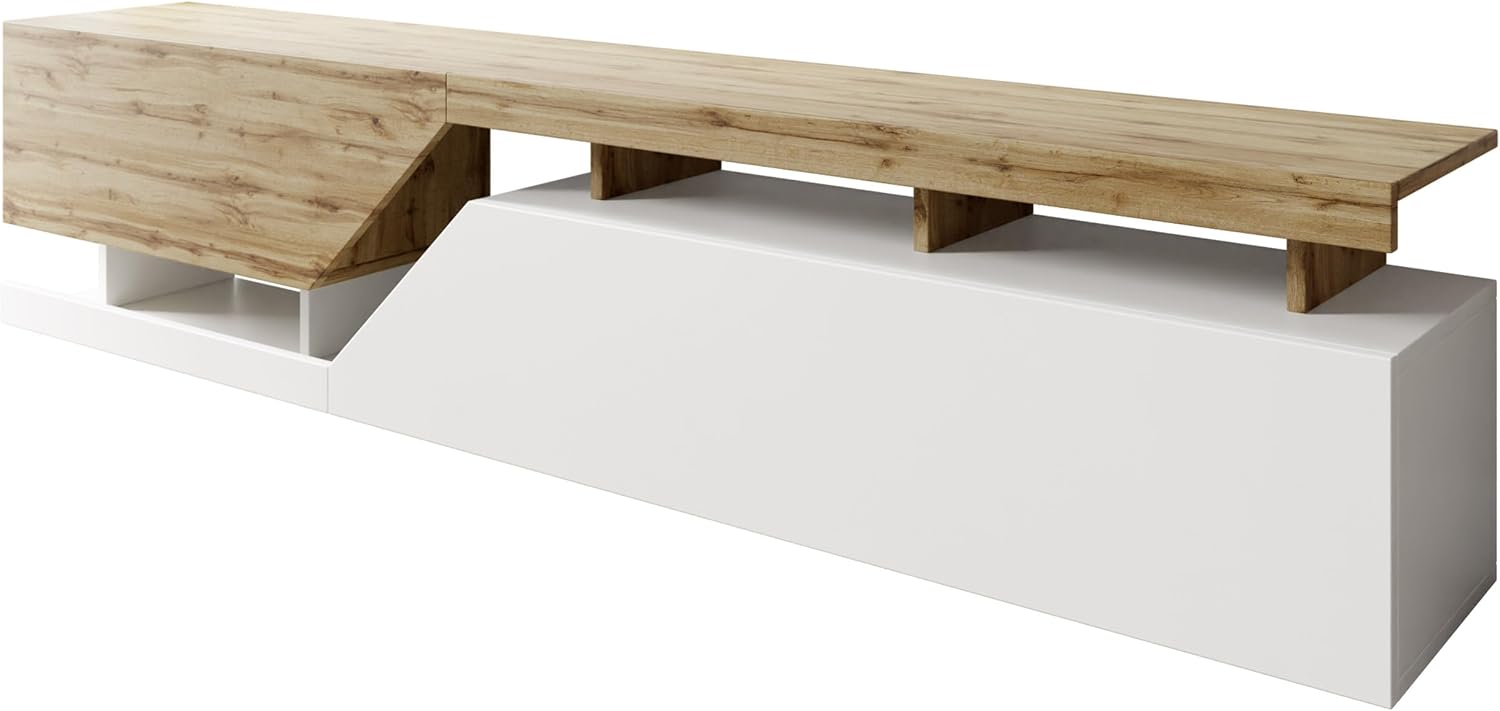 Mirjan24 TV Lowboard Nesezi 200, Grifflose Öffnen, 2 Klappen/Türen, TV Board Sideboard, Unterschrank, Fernsehschrank, TV Tisch, Fernsehtisch (Weiß/Wotan)
