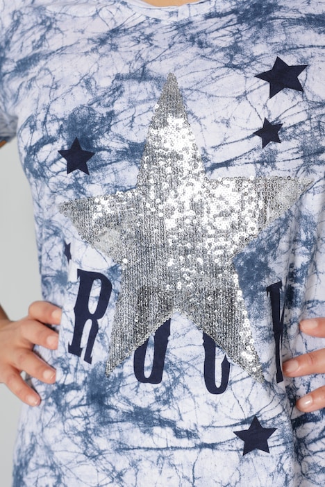 Kleid, Batikdruck, Silberstern, V-Ausschnitt, Halbarm
