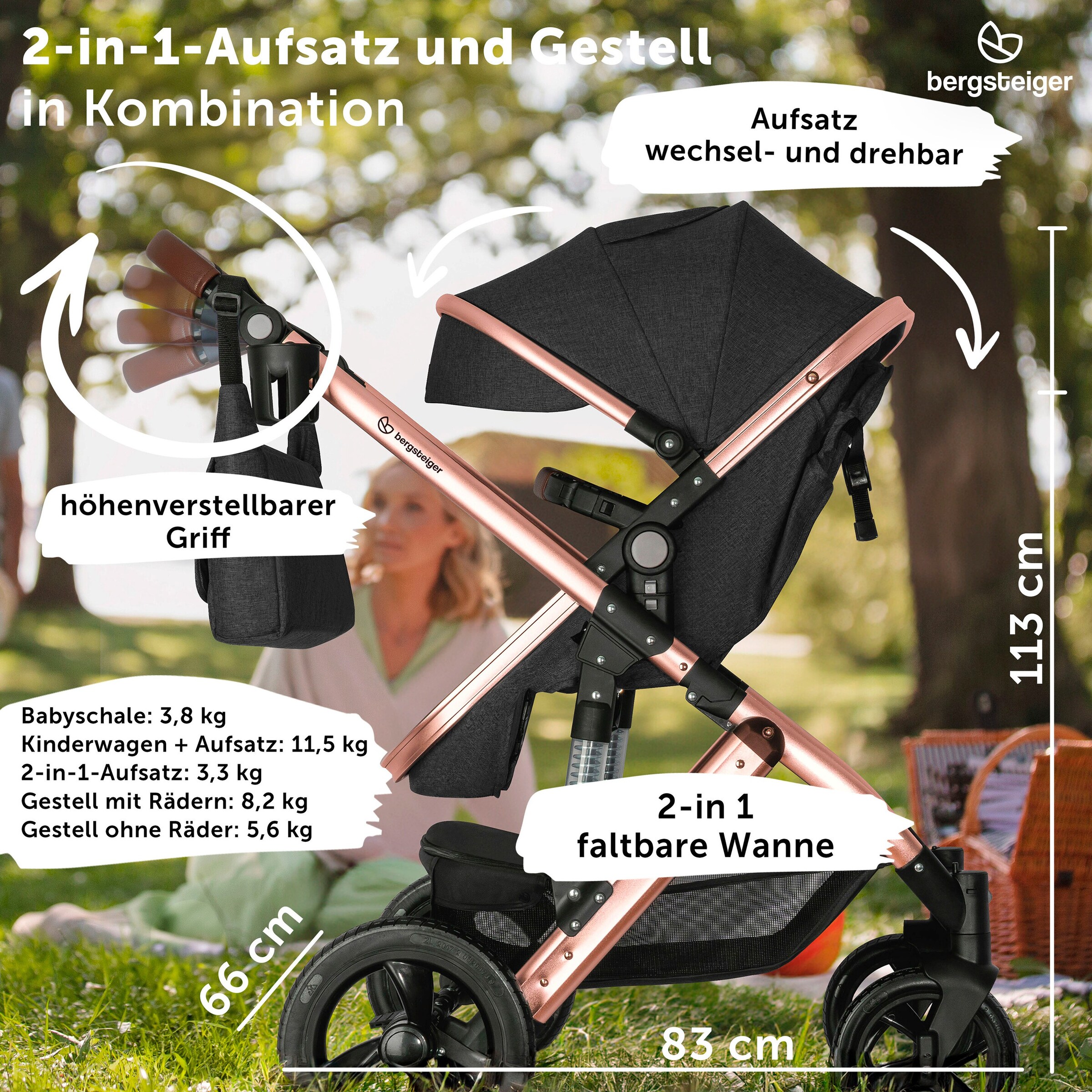 Bergsteiger Kinderwagen Nizza + Babyschale grey | Gestell: rose golden