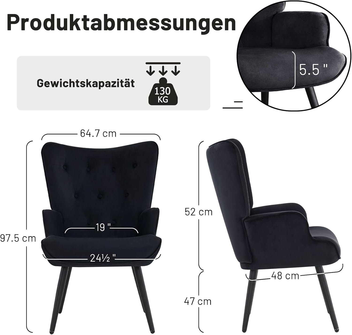Ohrensessel Sessel Wohnzimmer 2er Set, Skandinavischer Stil Relaxsessel Samt mit Hoher Rückenlehne Loungesessel Polstersessel fürs Wohnzimmer Schlafzimmer Arbeitszimmer, Schwarz
