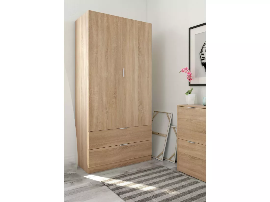 Armoire Darest, Armoire de chambre avec 2 portes et 2 tiroirs, Meubles de chambre avec penderie, 81x52h180 cm, Chêne