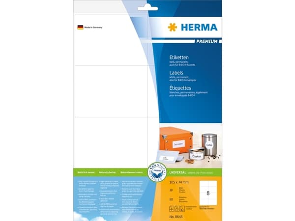 HERMA Premium - Papir - matt - permanent selv-adhesiv - hvit - 105 x 74 mm 80 etikett(er) (10 ark x 8) laminerte etiketter