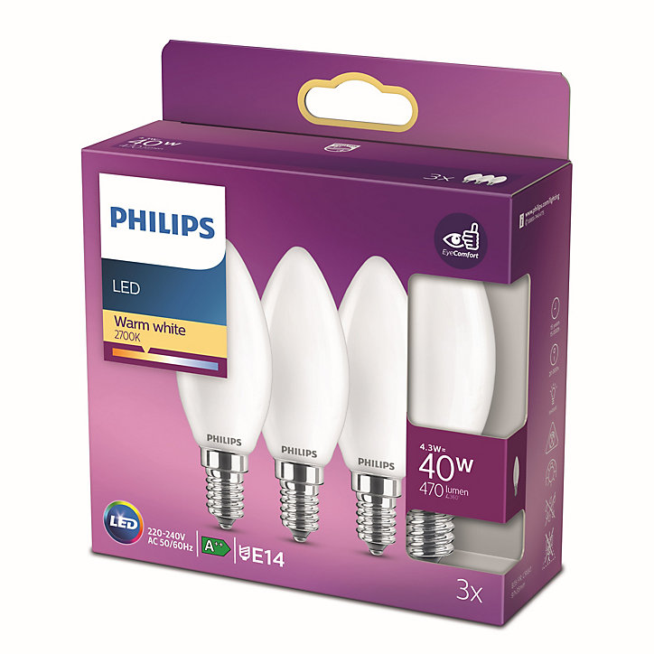 3 lampes LED Philips flamme E14 40W blanc chaud Philips