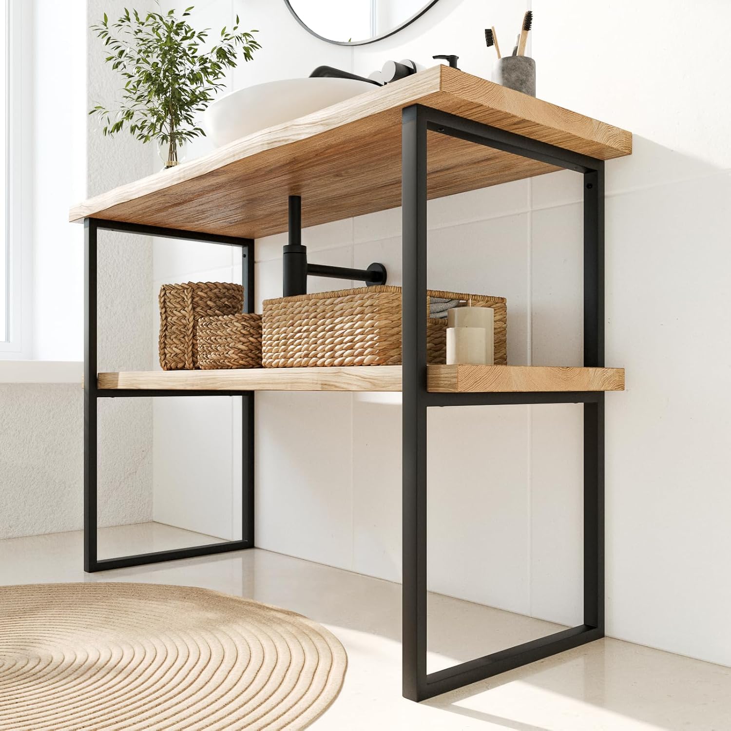 HEVVA |Gestell Doppel-Waschtisch -75 cm hoch| NECKAR | 25/30/40/45/50 cm | Waschtischunterschrank Füße, Waschtischbeine | (2X Waschtischbeine - Schwarz, 35 cm)
