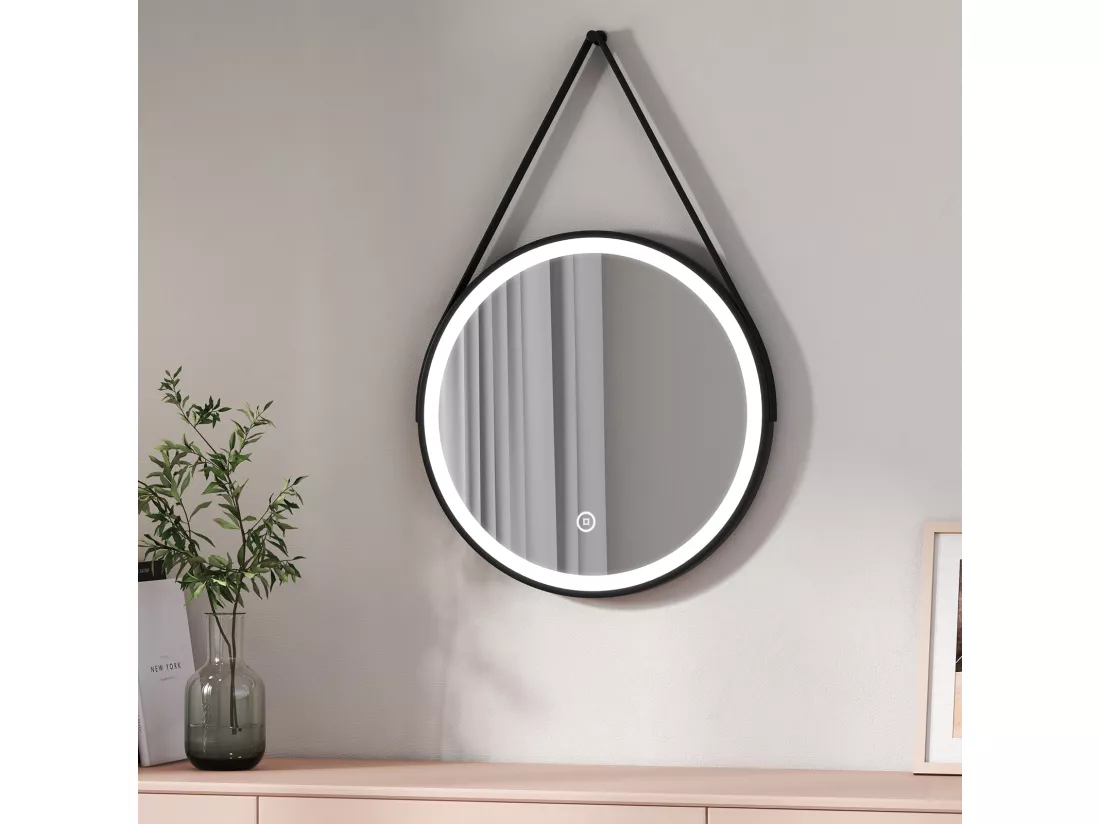 EMKE Miroir lumineux salle de bain rond diamètre 50cm cadre noir, Sangle réglable, Miroir LED, Interrupteur Tactile, Lumière Froide