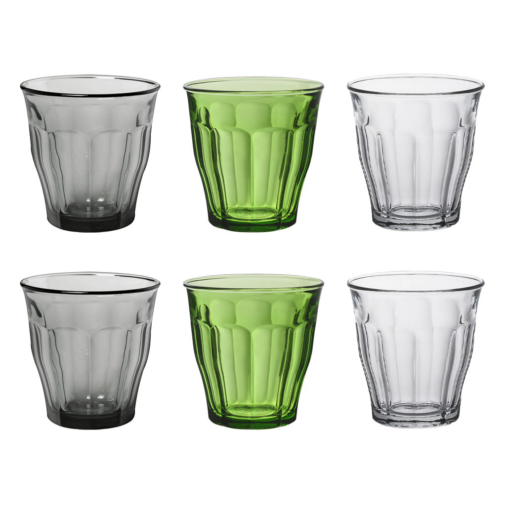 Le Picardie® - Panaché de 6 verre à eau 25 cl - Gris, Vert et Transparent - (Lot de 6)