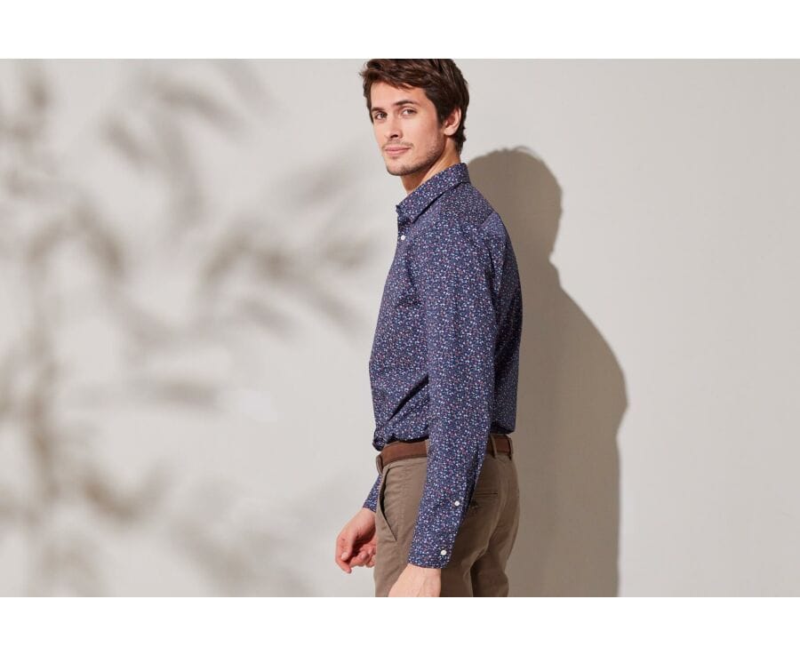 Chemise homme bleue foncée à motif floral rouge et bleu - GASSIEN