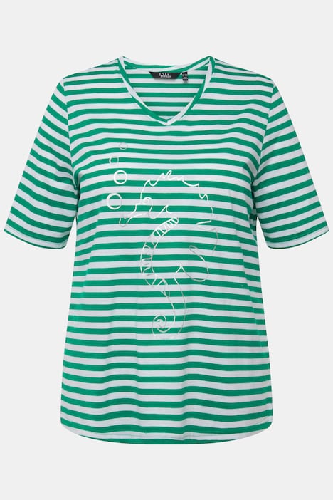 Shirt, Ringel, Metallic-Tier, V-Ausschnitt, Halbarm