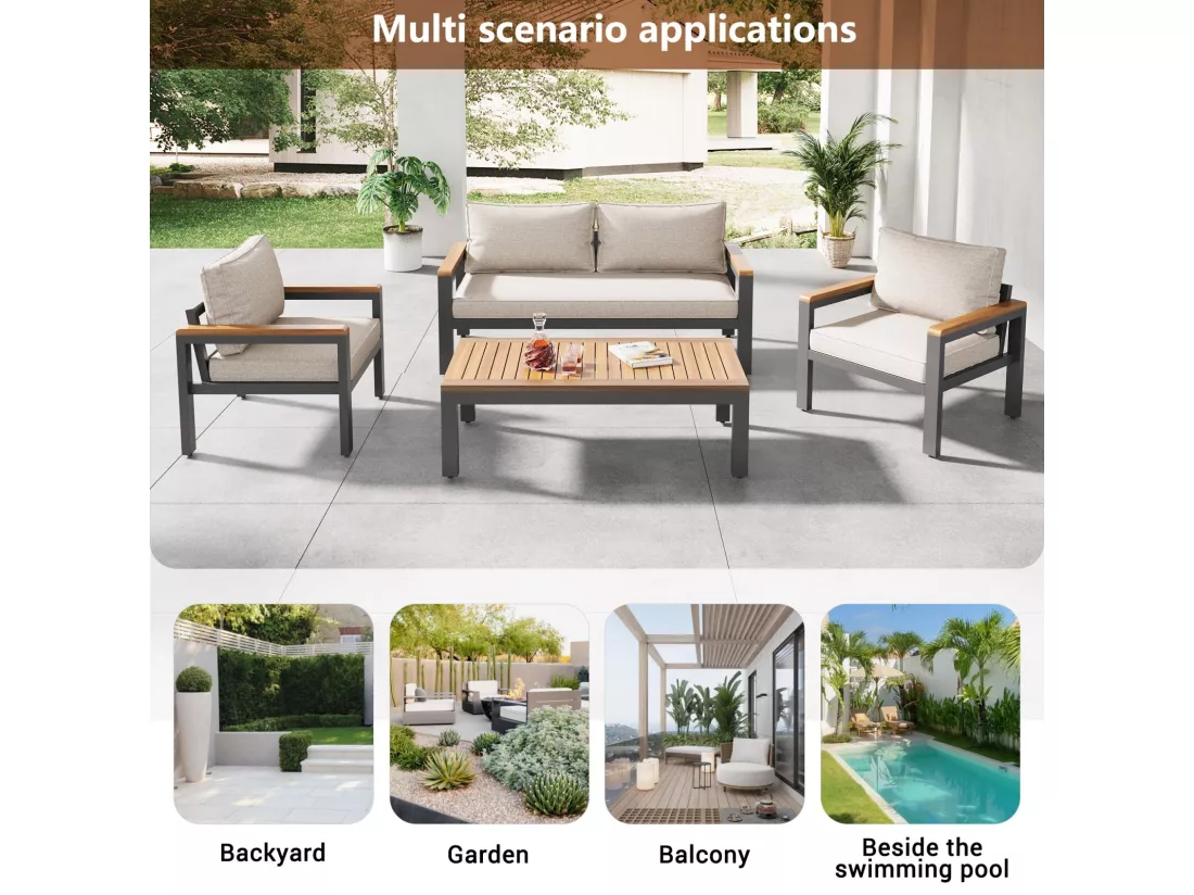 Salle à manger de jardin en acier galvanisé, 4 places, table et accoudoirs acacia en bois, chaises pieds réglables, Beige