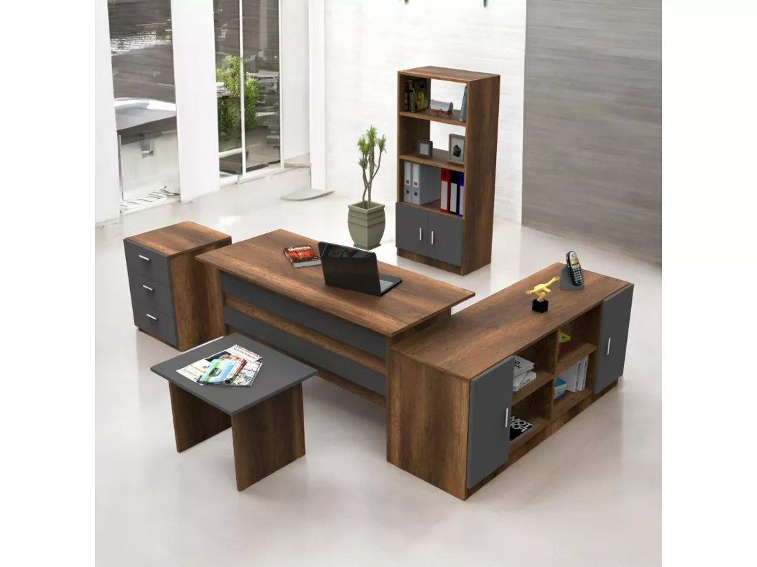 Set de bureau Drasmusse, Composition du studio, Kit de bureau, Ensemble de bureau et de tiroirs, Noyer et Anthracite