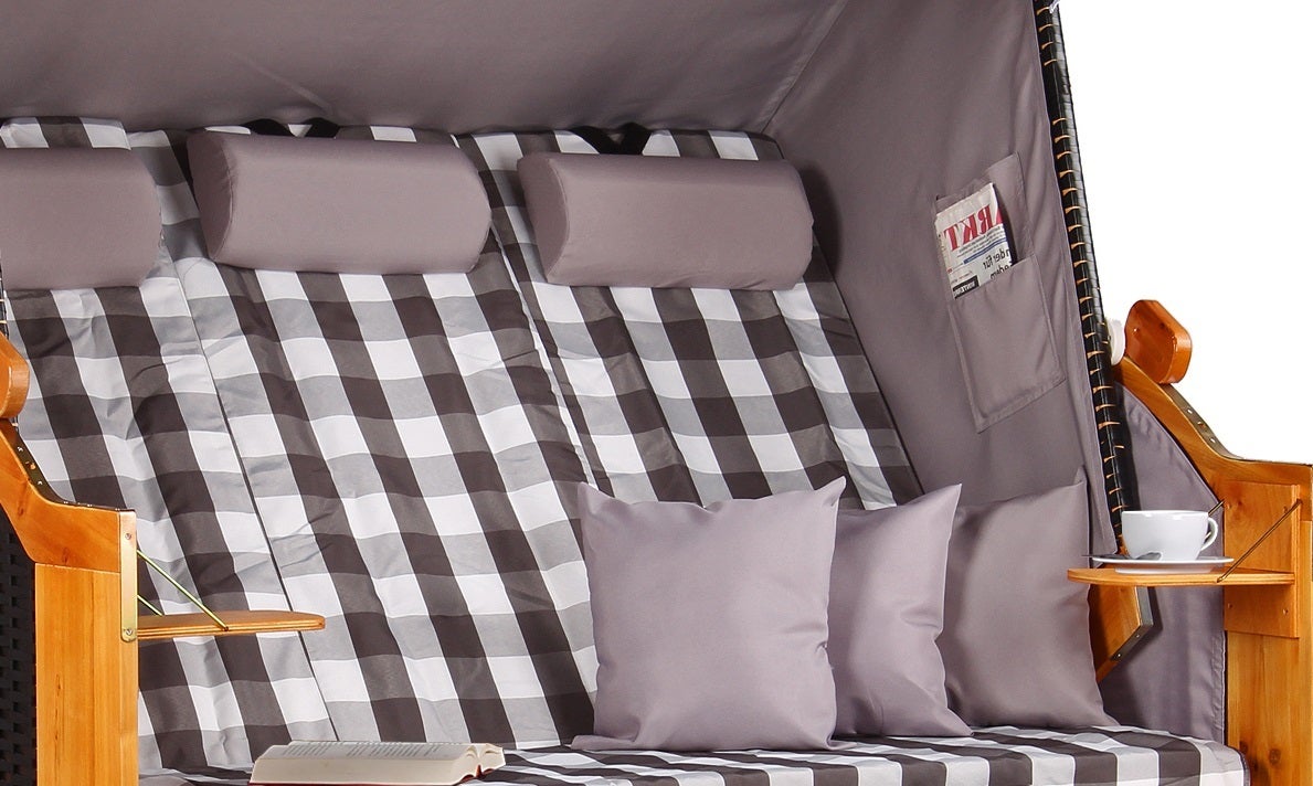Baltische strandstoel, driezits, PE, zwart, grijs geblokt design