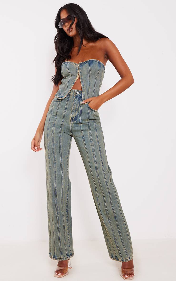 Indigo Vintage Wash Jean Taille Haute À Détails De Coutures Contrastées Pour Grande Taille