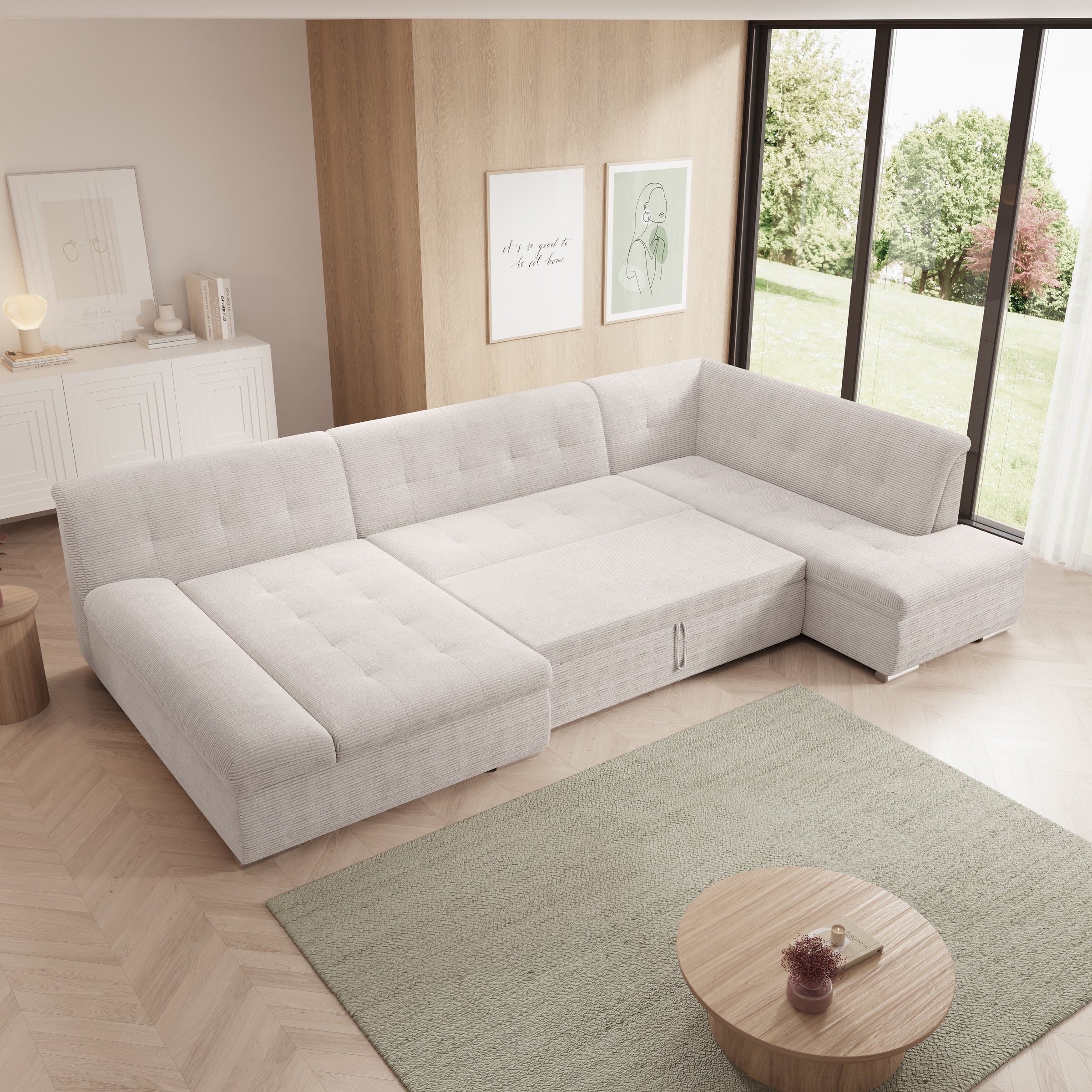 Alberta XL - Hoekbank 5-zits met slaapfunctie - Ribstof beige - Links - 346x207x80 cm