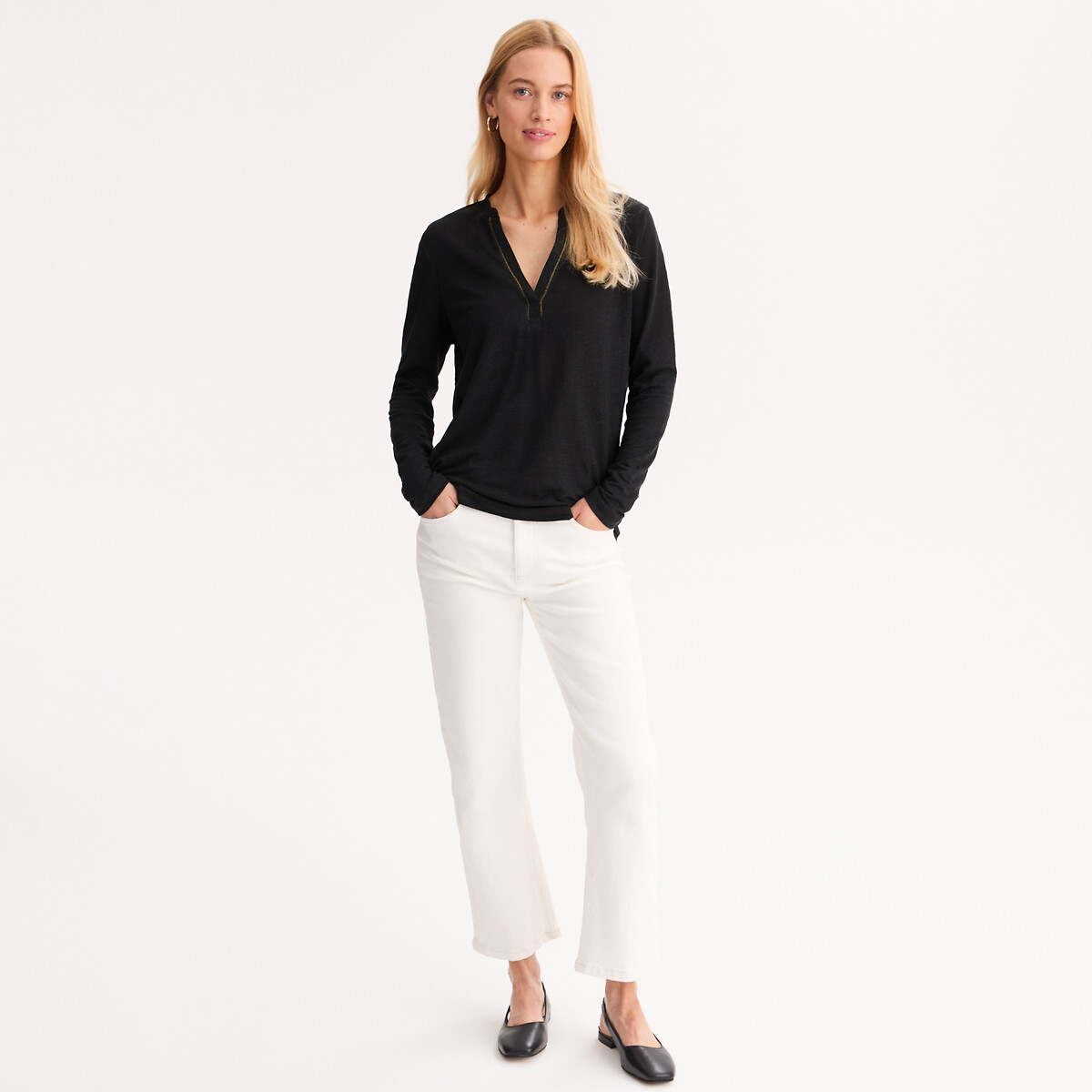 ANNE WEYBURN<br>Camiseta de linho, gola túnica, mangas compridas