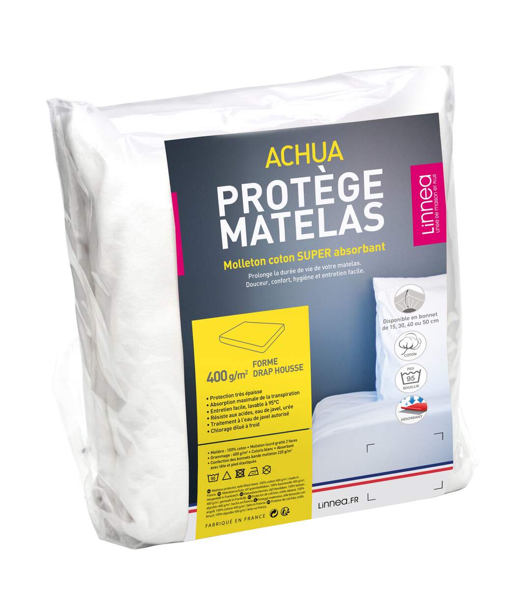 Protège matelas 90x220 cm ACHUA Molleton coton 400g/m2 bonnet 50cm