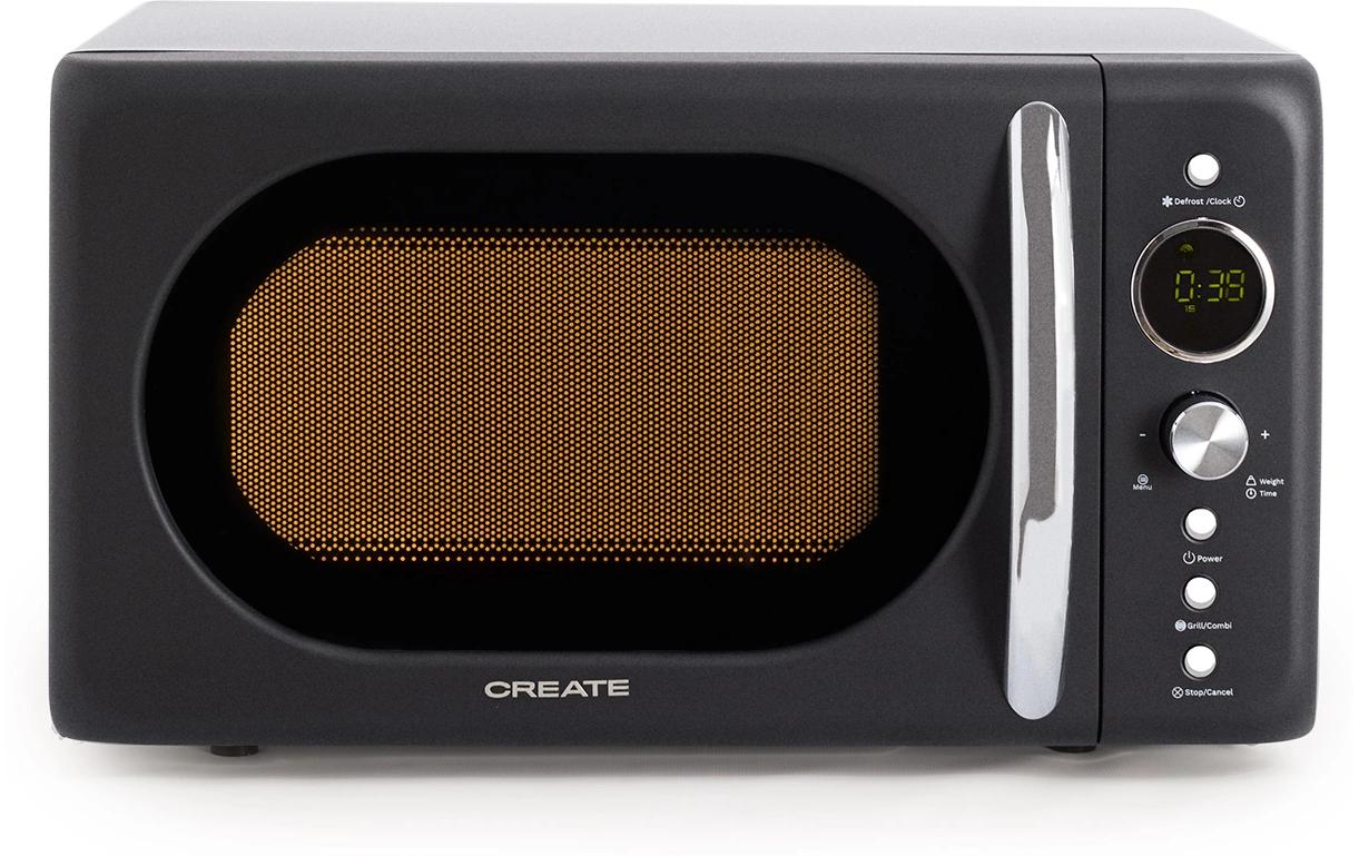 Mikrowelle Retro Schwarz<br>Retro-Mikrowelle mit Grill, Defrost und Autocook-Funktionen