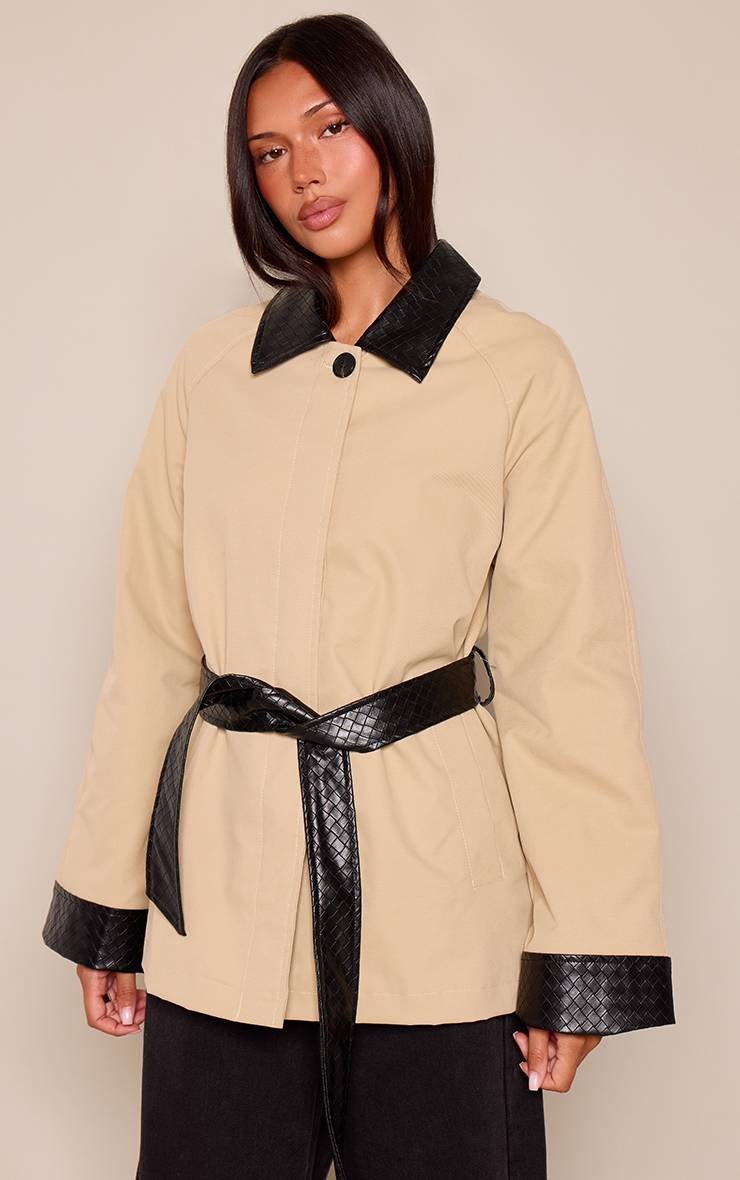 Beige Trench-coat Ceinturé À Col Matelassé