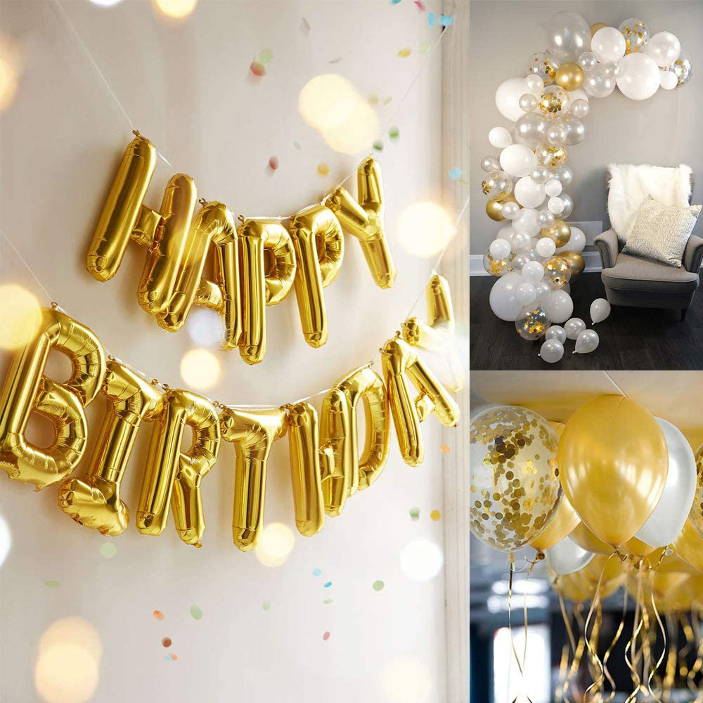 (58-tlg. Set) Happy Birthday Girlande Geburtstags Party Deko   Latex- und Folienballons / Fahnen Girlande / Kuchenstecker - Gold