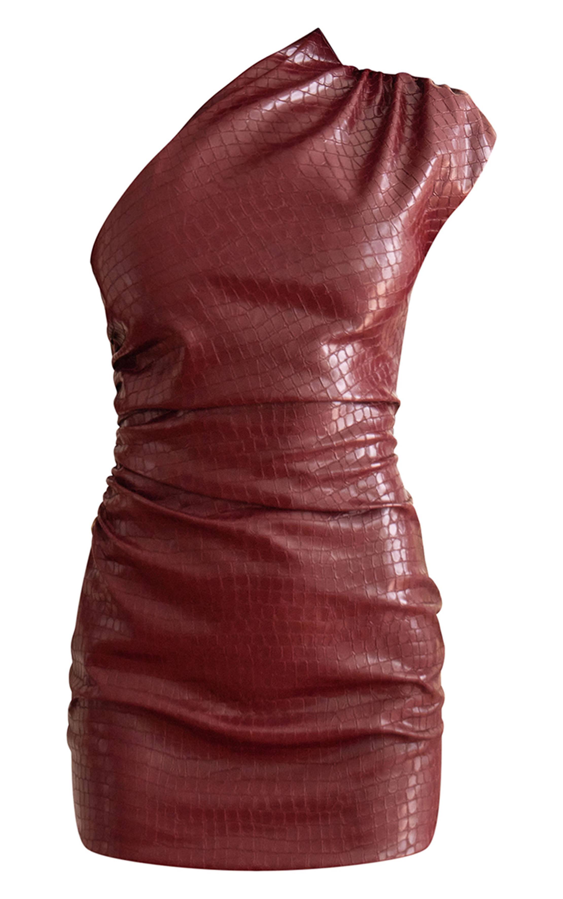 Rouge Bordeaux Robe Moulante Asymétrique Froncée En Synthétiquecuir Effet Croco Plt Label